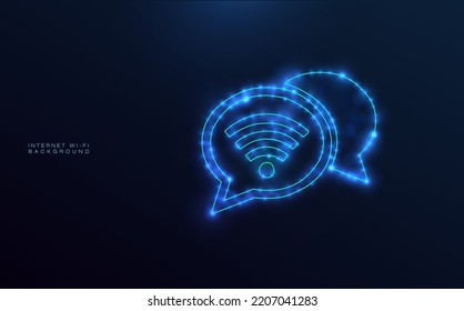 Starry Messaging Icon. Symbol Of Wi-fi Internet Connection And Instant Message. Neon Blue Outline Design With Shining Stars And Globes Of Light. 