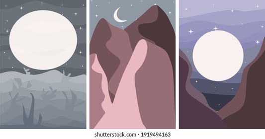 Starry moonlit night in the gray desert. Night abstract mountains. Full moon in the gorge. Abstract Mountains in the moonlight and fog in the desert