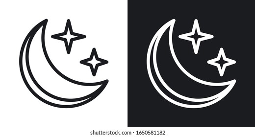 Starry and moonlit sky icon for weather forecast application or widget. Moon and stars in the night sky. Two-tone version on black and white background