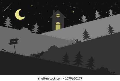 starry night above the landscape, illustration vector design