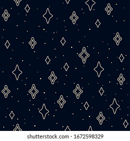 Starry Night Abstract Background. Seamless Pattern With Many Outline Stars. Yellow Elements On Dark Blue Sky. Magic Bright Wallpaper. Sweet Dreams.