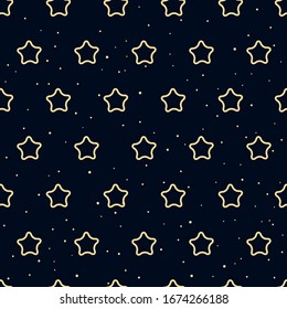 Starry Night Abstract Background. Seamless Pattern With Many Outline Stars. Yellow Elements On Dark Blue Sky. Magic Bright Wallpaper. Sweet Dreams.