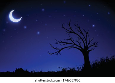 Starry night background with crescent moon, tree and grass silhouette. Widescreen starry night background
