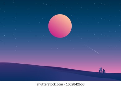 Starry night background with desert landscape illustration