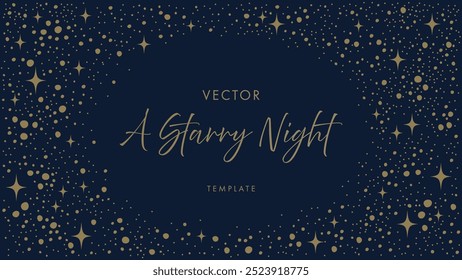 Starry night background with gold stars and dots on dark blue background. Vector template with copy space for text. Design for banner, poster, invitation, greeting card, postcard.