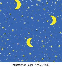 Starry night background, seamless pattern with stars and moon. Design for wrapping paper, background, banners, cards, blank for decoration and design