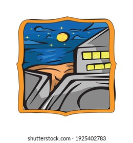 Starry night Beach badge vector. Starry view with mountain illustration. Good for Merchandise.