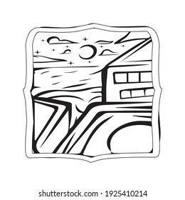 Vector de insignia de la playa de noche estrellada. Vista estrellada con ilustración de montaña. Bien por la mercancía.