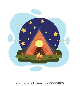 Starry Night Camping Adventure flat design vector Illustration Cozy Tent and Campfire Scene Perfect for Mobile Empty State UI Background