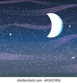 Starry night, clouds, a large growing shining moon, stars and meteorites. Vector illustration can be used in newsletter, brochures, postcards, banner. 