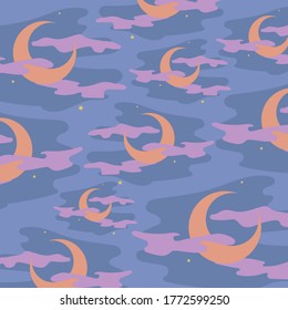 Starry night with clouds and moons background, seamless pattern, vector illustration pastel colors