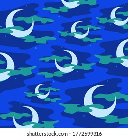 Starry night with clouds and moons background, seamless pattern, vector illustration blue