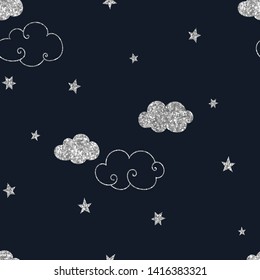 Starry night with clouds seamless pattern. Silver sparkling cloudlets on dark blue background. Constellation, shiny stars scattered on night sky. Wallpaper, wrapping paper, textile design