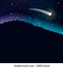 Starry night with comet, landscape background, vector illustration