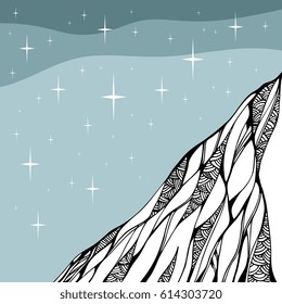 Starry night. Doodle drawing of mountain. Hand drawn vector illustration.