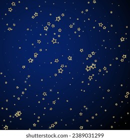 Starry night fairy tale background. Cute sparkling twinkles, christmas spirit in the air. Festive stars vector illustration on dark blue background.