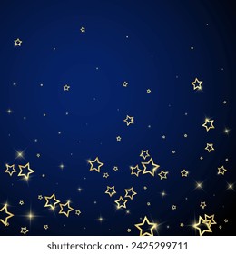Starry night fairy tale background. Cute sparkling twinkles, christmas spirit in the air. Festive stars vector illustration on dark blue background.
