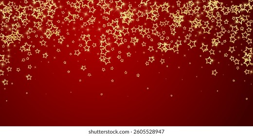 Starry night fairy tale background. Cute sparkling twinkles, christmas spirit in the air. Festive stars vector illustration on red background.