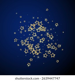 Starry night fairy tale background. Cute sparkling twinkles, christmas spirit in the air. Festive stars vector illustration on dark blue background.