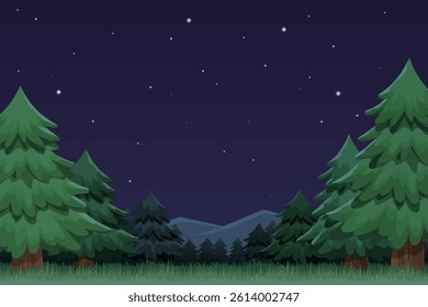 Starry Night Forest Background with Trees, Mountains, and Stars Illustration