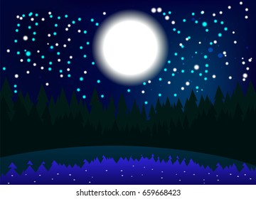 starry night in the forest. moonlight, lake.