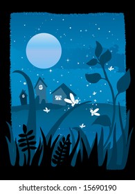 starry night with full moon and fireflies playing in the grass, vector illustration