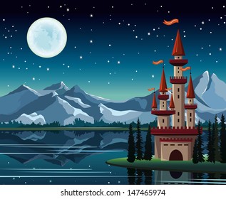 Starry night with full moon, red castle and lake on a mountains background