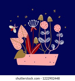 Starry night garden with a small flying moth. Greeting card cute design