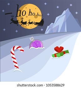 At starry night, gifts lie in the snowdrift, against the background of the moon laughter ho ho ho and the silhouette of Santa can be seen. The holiday comes to us.