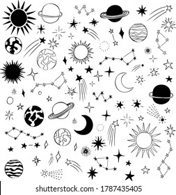 Doodle vectorial dibujado a mano estrellada - estrellas, planetas, luna, sol, constelaciones, estrellas en caída