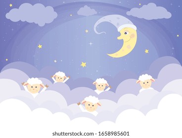 Starry night with the happy moon and sheep on the clouds