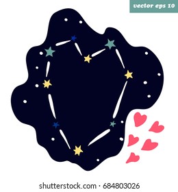 Starry night heart sign on the night dark background. Decorative element for kids book, cover, print, sticker, poster, post card, wedding invitation. Vector illustration.