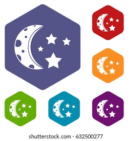 Starry night icons set hexagon isolated vector illustration