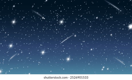 Ilustração estrelada à noite com um céu azul profundo com estrelas cintilantes e estrelas cadentes, evocando uma atmosfera celeste calma e serena.