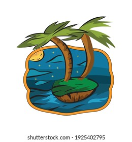 Starry night Island badge vector. Starry view with mountain illustration. Good for Merchandise.