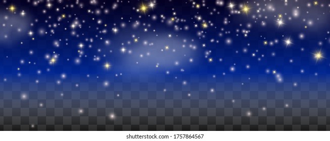 Starry night isolated on dark transparent background, vector illustration. Magical light glitter, graphic design elements. Bright blue sky, small stars shining, space galaxy concept.