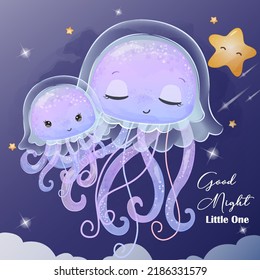 Starry Night Jelly Fish in Watercolor Illustration