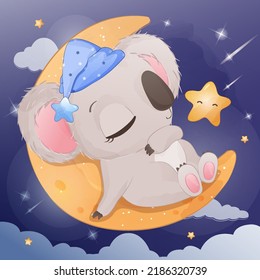 Starry Night Koala in Watercolor Illustration