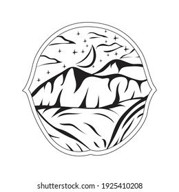 Starry night Lake badge vector. Starry view with mountain illustration. Good for Merchandise.