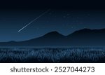 Starry night landscape illustration with mountain, field and shooting star