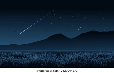 Ilustración de paisaje de noche estrellada con montaña, campo y estrella fugaz