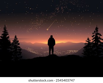 Starry night landscape with a man and view of city from the hill top