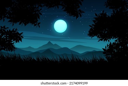 Un paisaje nocturno estrellado con árboles, hierba y luna