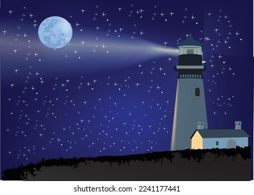 Noche estrellada un faro hace luz-