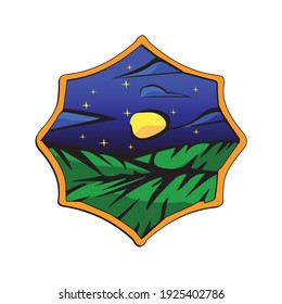 Starry night Meadow badge vector. Starry view with mountain illustration. Good for Merchandise.