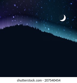 Starry night with moon, landscape background, vector illustration