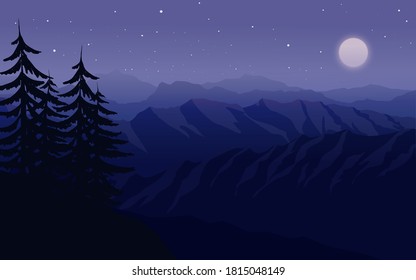 Starre Nacht und Mond auf dem Berg mit Kiefern