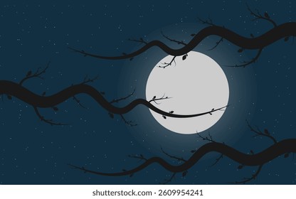 starry night with moon and tree branches vector illustration.