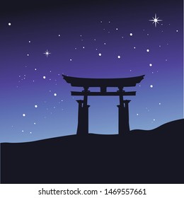 starry night, mountain and gate, vector illustrations 