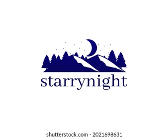 Starry night mountain and pine tree with moon logo concept